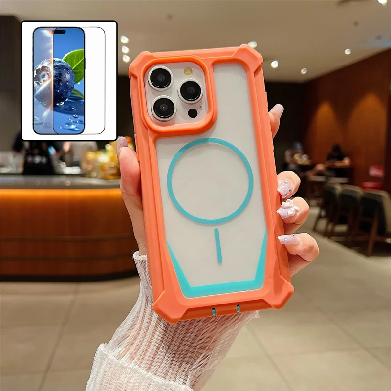For iPhone 15 Pro Max-hoes compatibel met MagSafe, tweekleurig ontwerp, stootvaste telefoonhoes met gehard glasfolie - Oranje / Blauw