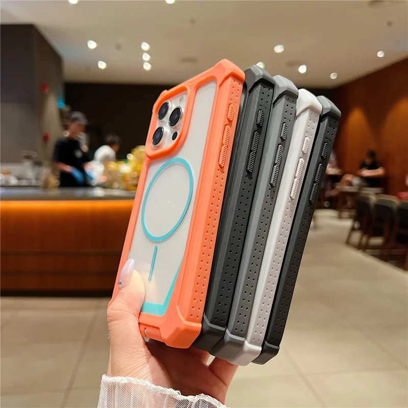 For iPhone 15 Pro Max-hoes compatibel met MagSafe, tweekleurig ontwerp, stootvaste telefoonhoes met gehard glasfolie - Oranje / Blauw