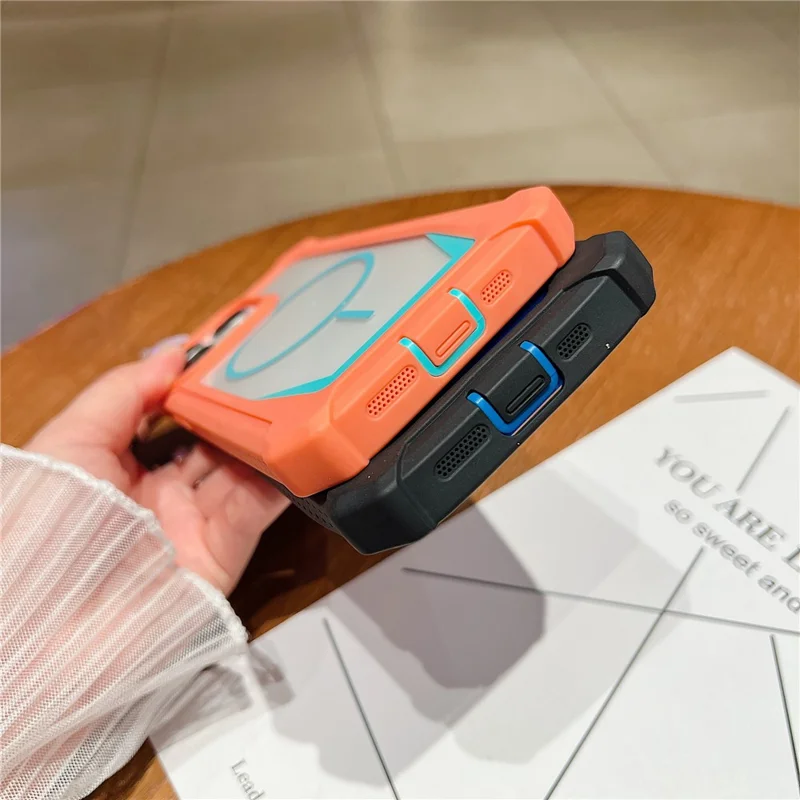 For iPhone 15 Pro Max-hoes compatibel met MagSafe, tweekleurig ontwerp, stootvaste telefoonhoes met gehard glasfolie - Oranje / Blauw