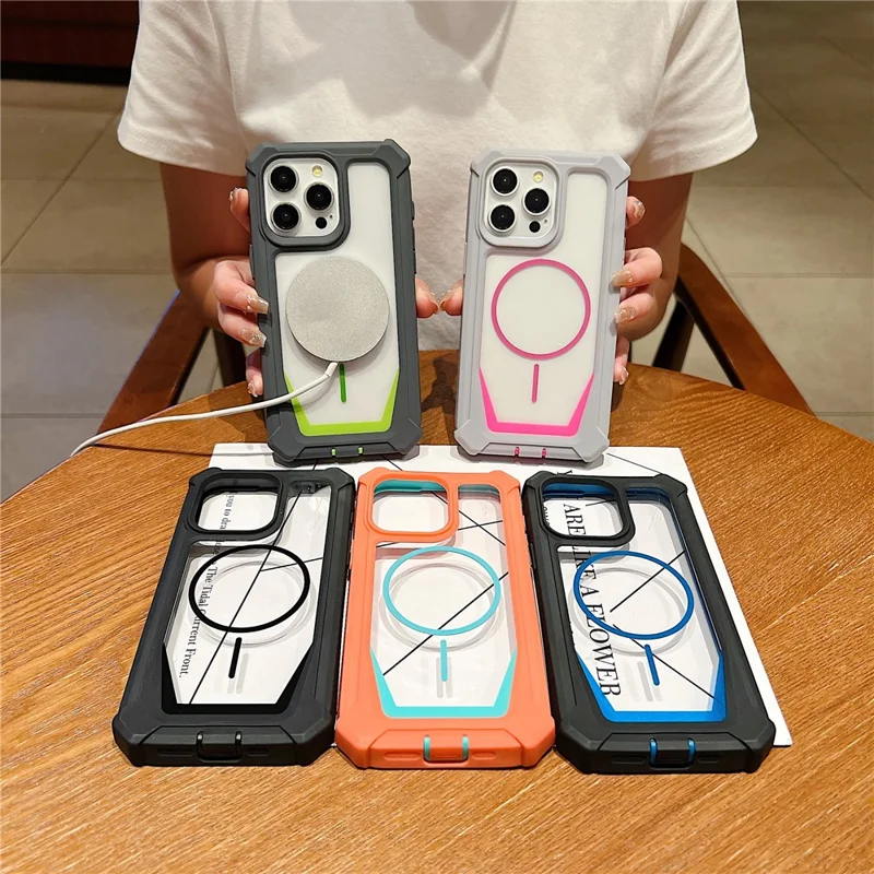 For iPhone 15 Pro Max-hoes compatibel met MagSafe, tweekleurig ontwerp, stootvaste telefoonhoes met gehard glasfolie - Oranje / Blauw