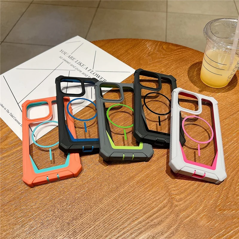 For iPhone 15 Pro Max-hoes compatibel met MagSafe, tweekleurig ontwerp, stootvaste telefoonhoes met gehard glasfolie - Oranje / Blauw