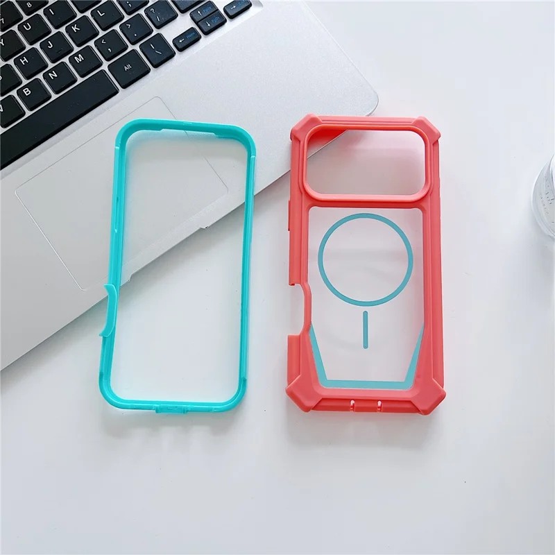 Coque pour iPhone 17 Pro Max compatible MagSafe, design bicolore, housse anti-choc avec film en verre trempé - Orange / Bleu