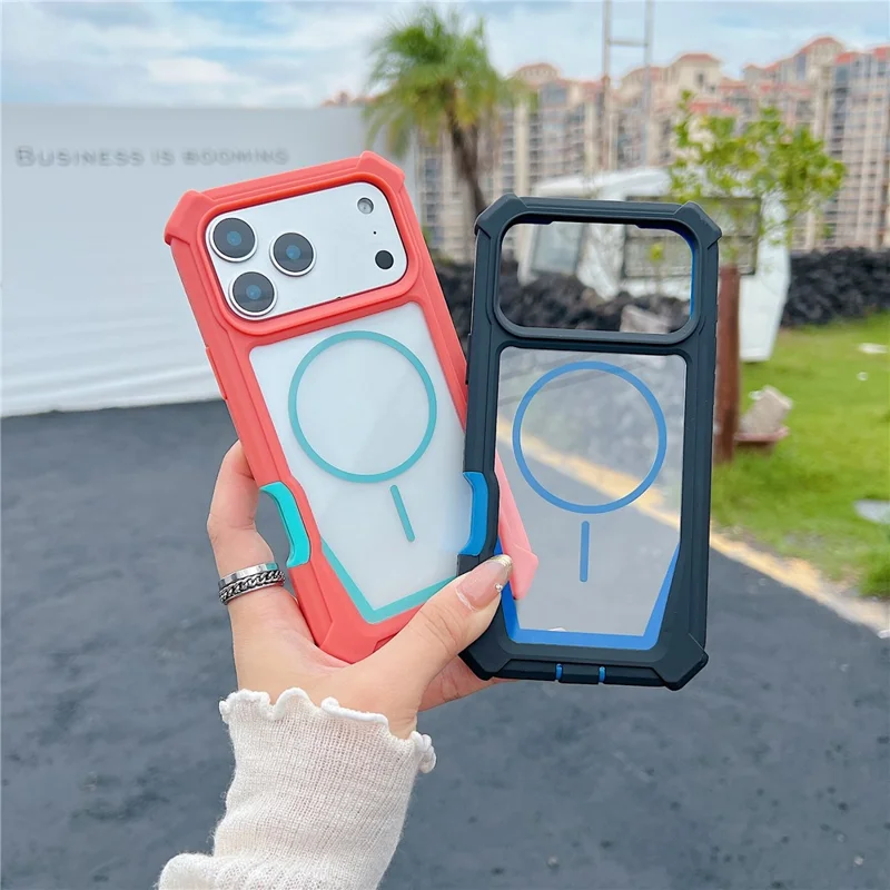 Coque pour iPhone 17 Pro Max compatible MagSafe, design bicolore, housse anti-choc avec film en verre trempé - Orange / Bleu