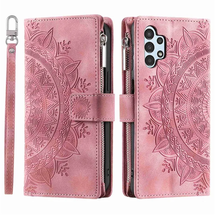 Para o Samsung Galaxy A13 4G / 5g / A04s 4G (164,7 x 76,7 x 9,1 Mm) Mandala Flor Impresso PU Couather+tpu Tampa do Telefone Posco Com Vários Slots de Carteira de Bolso da Carteira de Zíper - Rosa Ouro