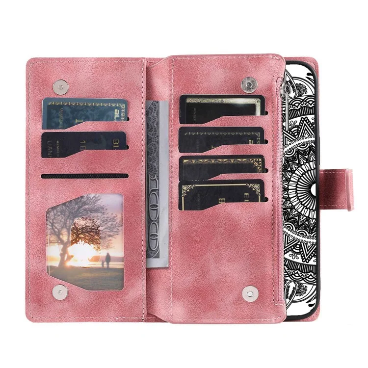 For Samsung Galaxy A13 4G / 5G / A04s 4G (164.7 x 76.7 x 9.1 mm) Mandala Flower Imprinted PU Leather+TPU Phone Cover Stand with Multiple Card Slots Zipper Pocket Wallet Case - Rose Gold