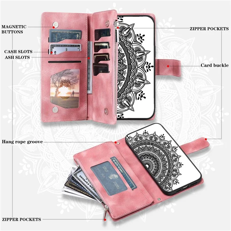 For Samsung Galaxy A13 4G / 5G / A04s 4G (164.7 x 76.7 x 9.1 mm) Mandala Flower Imprinted PU Leather+TPU Phone Cover Stand with Multiple Card Slots Zipper Pocket Wallet Case - Rose Gold