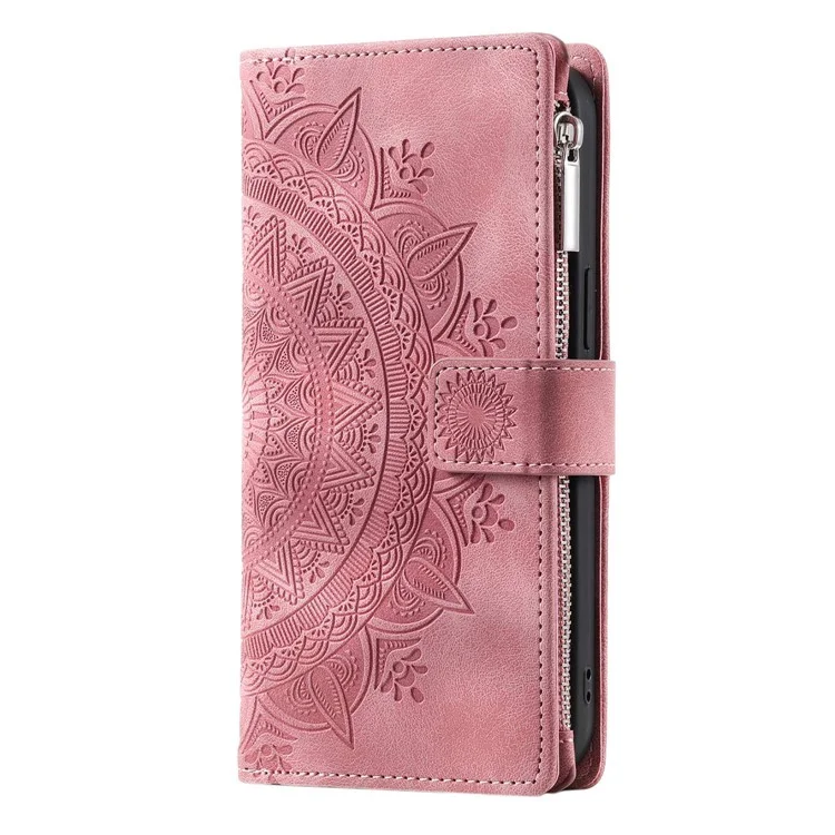 Para o Samsung Galaxy A13 4G / 5g / A04s 4G (164,7 x 76,7 x 9,1 Mm) Mandala Flor Impresso PU Couather+tpu Tampa do Telefone Posco Com Vários Slots de Carteira de Bolso da Carteira de Zíper - Rosa Ouro