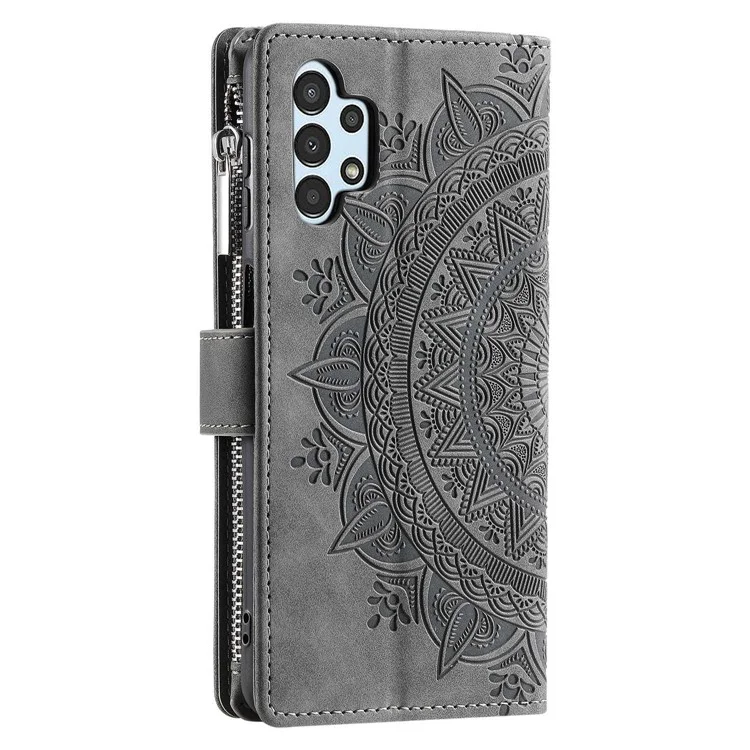 Telefonschale Für Samsung Galaxy A32 5G / M32 5G, Mandala Blume Eingeprägter PU -lederabdeckständer Mit Mehreren Kartenschlitzen Reißverschluss Taschenbrieftasche Hülle - Grau
