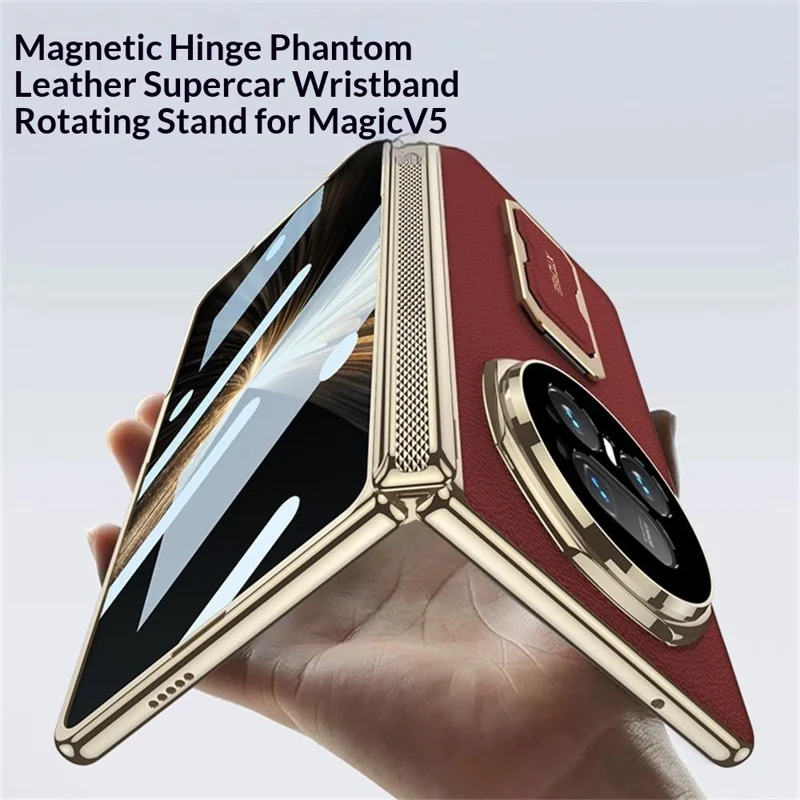 GKK Für Honor Magic V5 5G Hülle mit Ständer / Handgelenkband aus PU + PC + Gehärtetem Glas - Schwarz