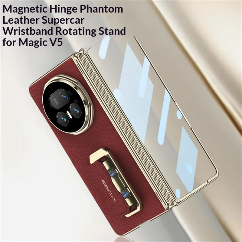 GKK Für Honor Magic V5 5G Hülle mit Ständer / Handgelenkband aus PU + PC + Gehärtetem Glas - Schwarz