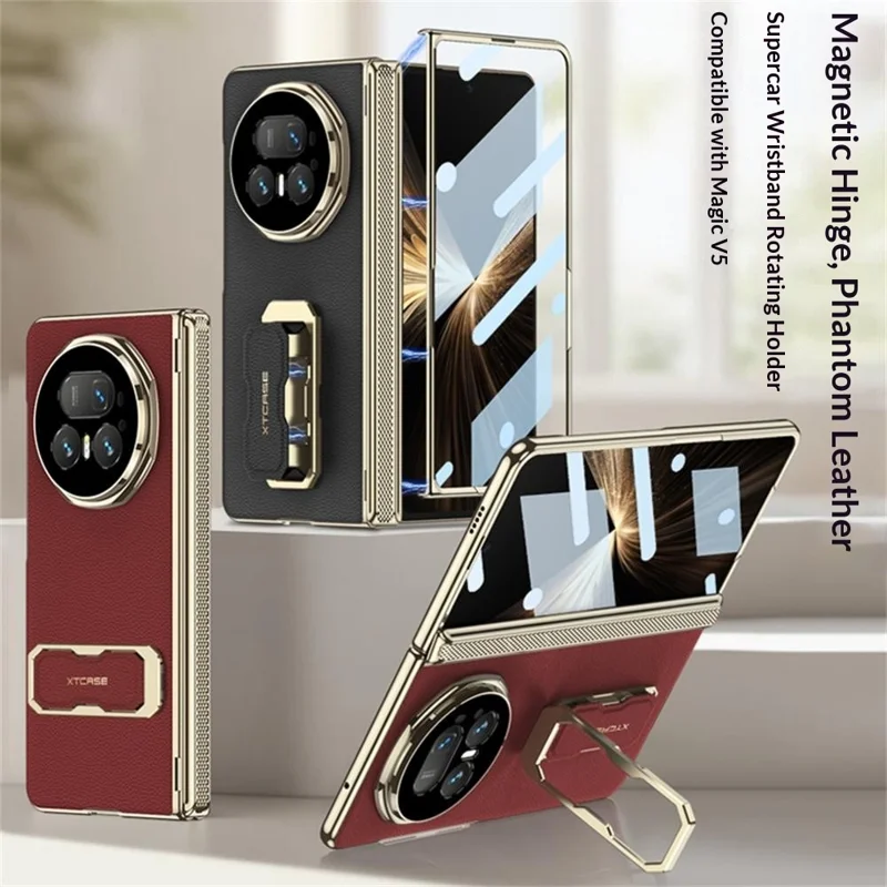 GKK Für Honor Magic V5 5G Hülle mit Ständer / Handgelenkband aus PU + PC + Gehärtetem Glas - Schwarz