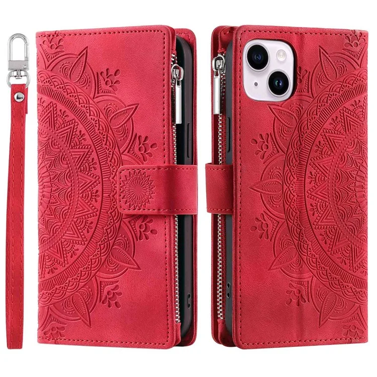 Telefonschale Für Iphone 14 Plus, Anti-kratzer-mandala-blume Eingeprägter Pu-lederabdeckständer Mit Mehreren Kartensteckplatten Reißverschluss. - Rose