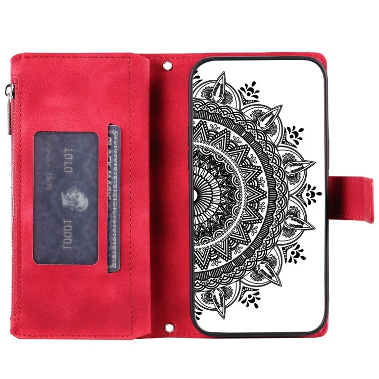 Telefonschale Für Iphone 14 Plus, Anti-kratzer-mandala-blume Eingeprägter Pu-lederabdeckständer Mit Mehreren Kartensteckplatten Reißverschluss. - Rose
