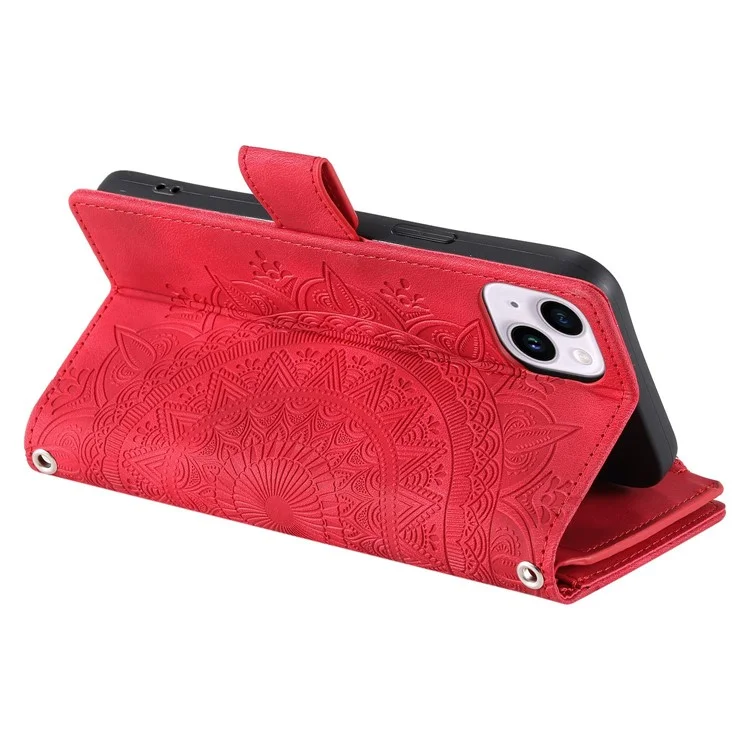 Telefonschale Für Iphone 14 Plus, Anti-kratzer-mandala-blume Eingeprägter Pu-lederabdeckständer Mit Mehreren Kartensteckplatten Reißverschluss. - Rose