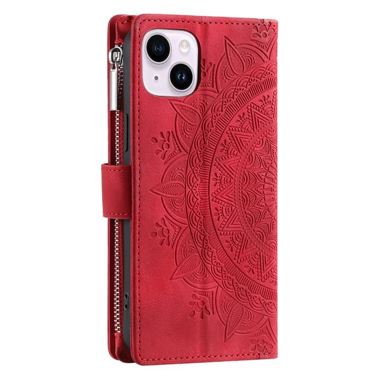Telefonschale Für Iphone 14 Plus, Anti-kratzer-mandala-blume Eingeprägter Pu-lederabdeckständer Mit Mehreren Kartensteckplatten Reißverschluss. - Rose