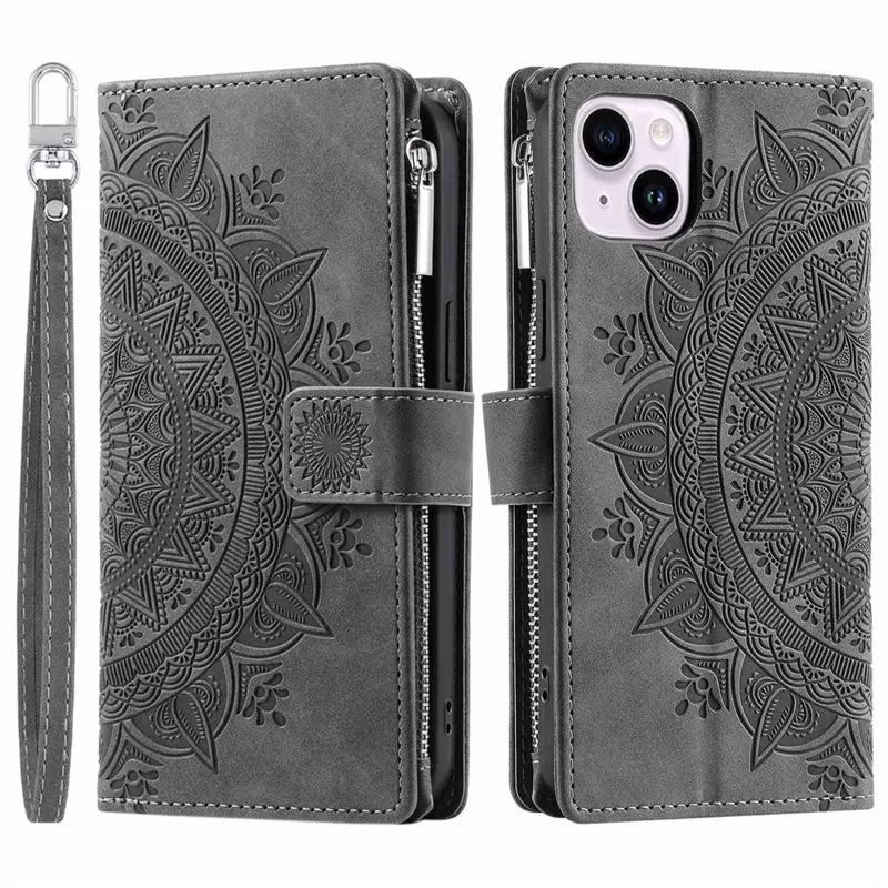 Phone Shell for iPhone 14 Plus, Anti-scratch Mandala Flower Imprinted PU Leather Cover Stand with Multiple Card Slots Zipper Pocket Wallet Case - Grey