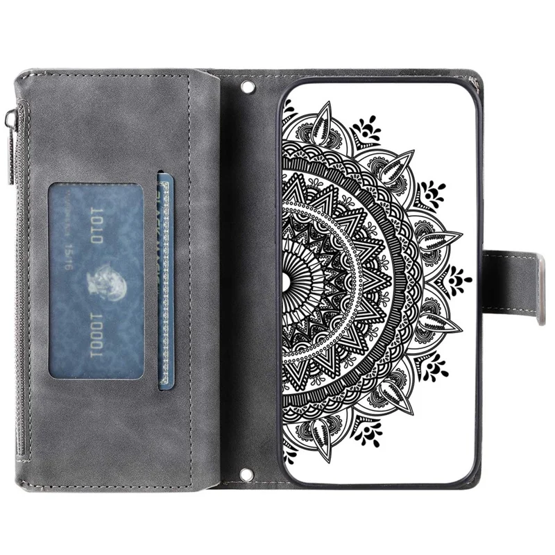 Phone Shell for iPhone 14 Plus, Anti-scratch Mandala Flower Imprinted PU Leather Cover Stand with Multiple Card Slots Zipper Pocket Wallet Case - Grey