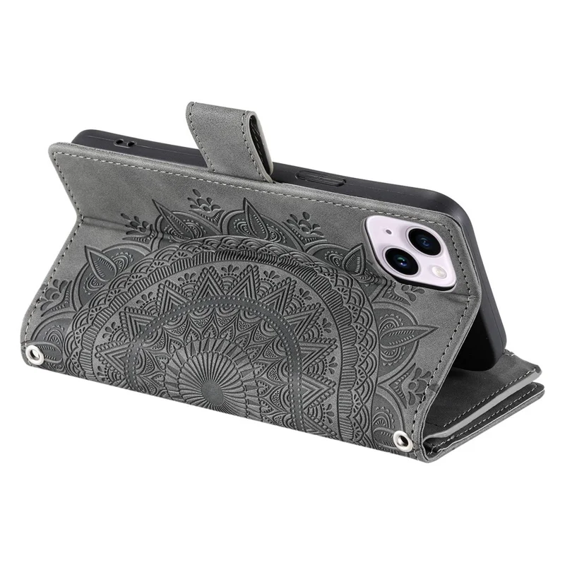 Phone Shell for iPhone 14 Plus, Anti-scratch Mandala Flower Imprinted PU Leather Cover Stand with Multiple Card Slots Zipper Pocket Wallet Case - Grey