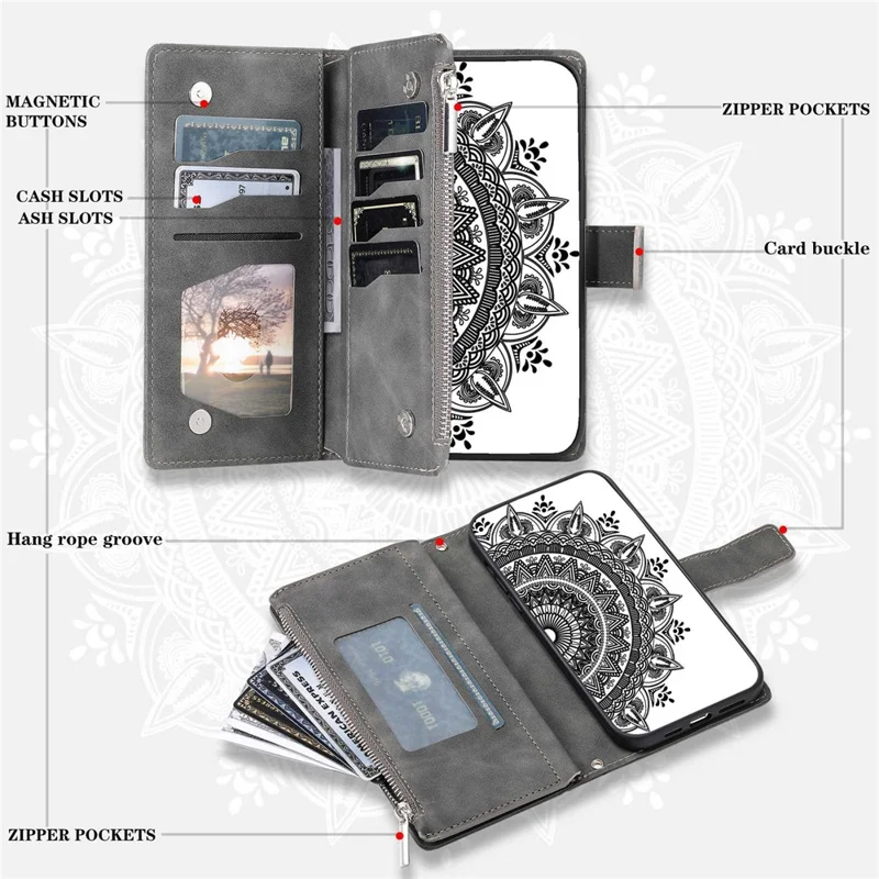 Phone Shell for iPhone 14 Plus, Anti-scratch Mandala Flower Imprinted PU Leather Cover Stand with Multiple Card Slots Zipper Pocket Wallet Case - Grey