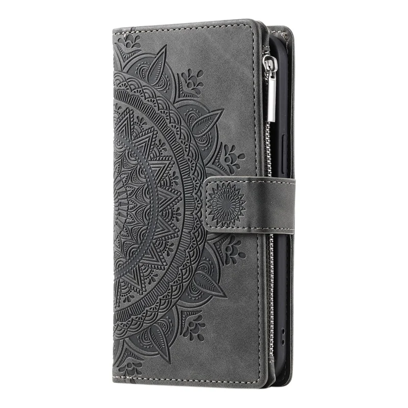 Phone Shell for iPhone 14 Plus, Anti-scratch Mandala Flower Imprinted PU Leather Cover Stand with Multiple Card Slots Zipper Pocket Wallet Case - Grey
