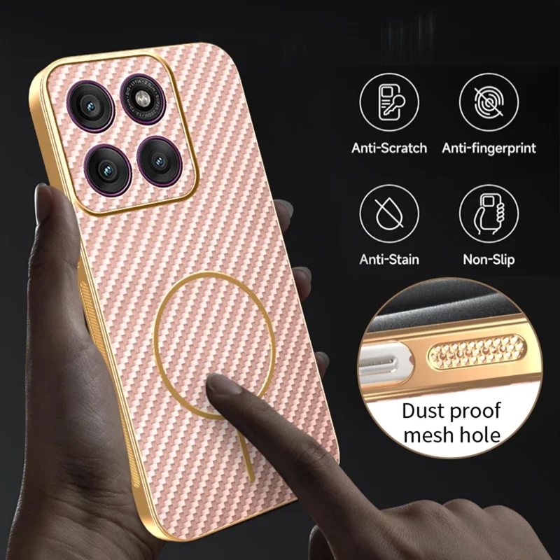 Voor Motorola Edge 70 5G hoesje met koolstofvezelstructuur, geëmailleerd TPU achterkant - Roze