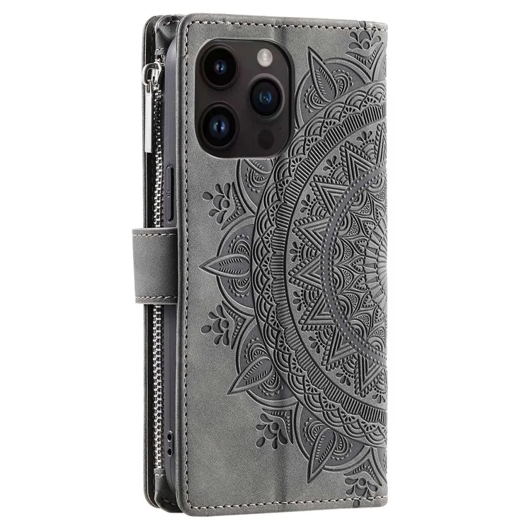 PU Leder Telefonschale Für Iphone 13 Pro Max 6,7 Zoll, Mandala Blume Eingeprägter Cover -ständer Mit Mehreren Kartenschlitzen Reißverschluss Taschenbrieftasche Hülle - Grau