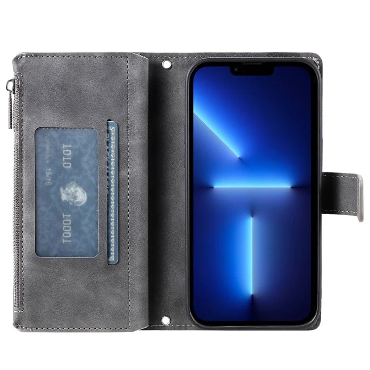 PU Leder Telefonschale Für Iphone 13 Pro Max 6,7 Zoll, Mandala Blume Eingeprägter Cover -ständer Mit Mehreren Kartenschlitzen Reißverschluss Taschenbrieftasche Hülle - Grau