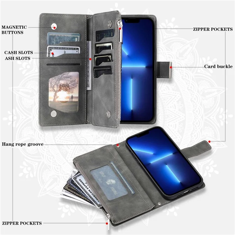 PU Leder Telefonschale Für Iphone 13 Pro Max 6,7 Zoll, Mandala Blume Eingeprägter Cover -ständer Mit Mehreren Kartenschlitzen Reißverschluss Taschenbrieftasche Hülle - Grau