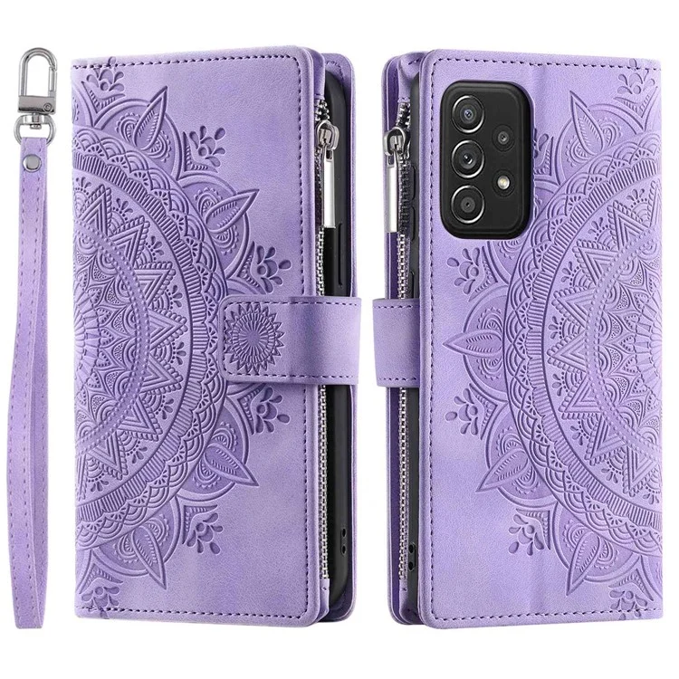 Zipper Pocket Wallet Case para Samsung Galaxy A33 5G, Capa de Couro PU Estampada com Flor Mandala à Prova de Choque, com Vários Compartimentos para Cartões - Roxo