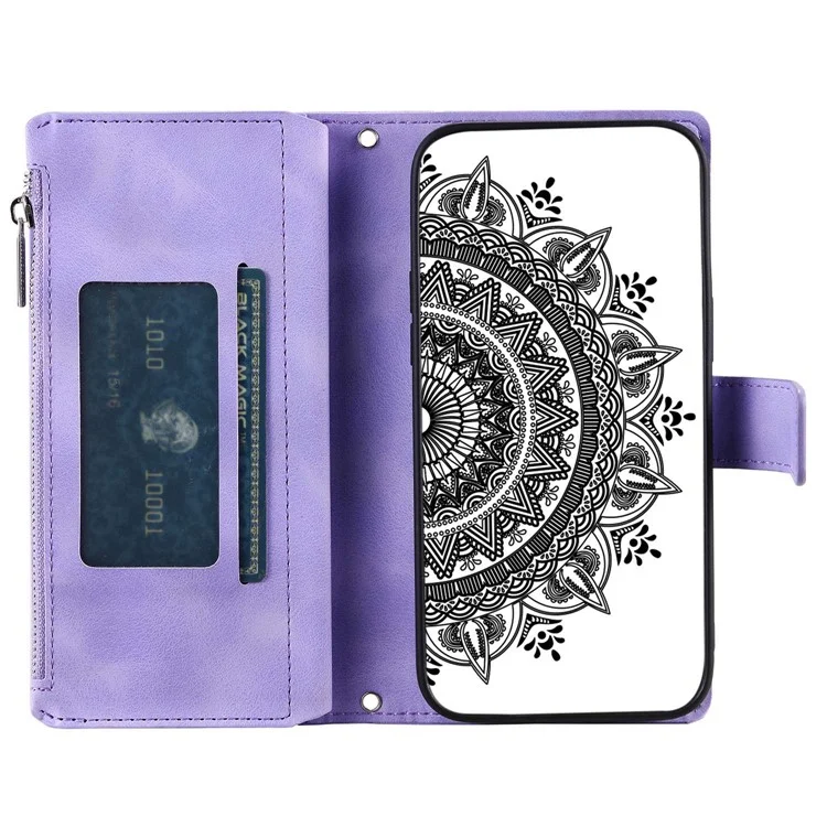 Zipper Pocket Wallet Case para Samsung Galaxy A33 5G, Capa de Couro PU Estampada com Flor Mandala à Prova de Choque, com Vários Compartimentos para Cartões - Roxo
