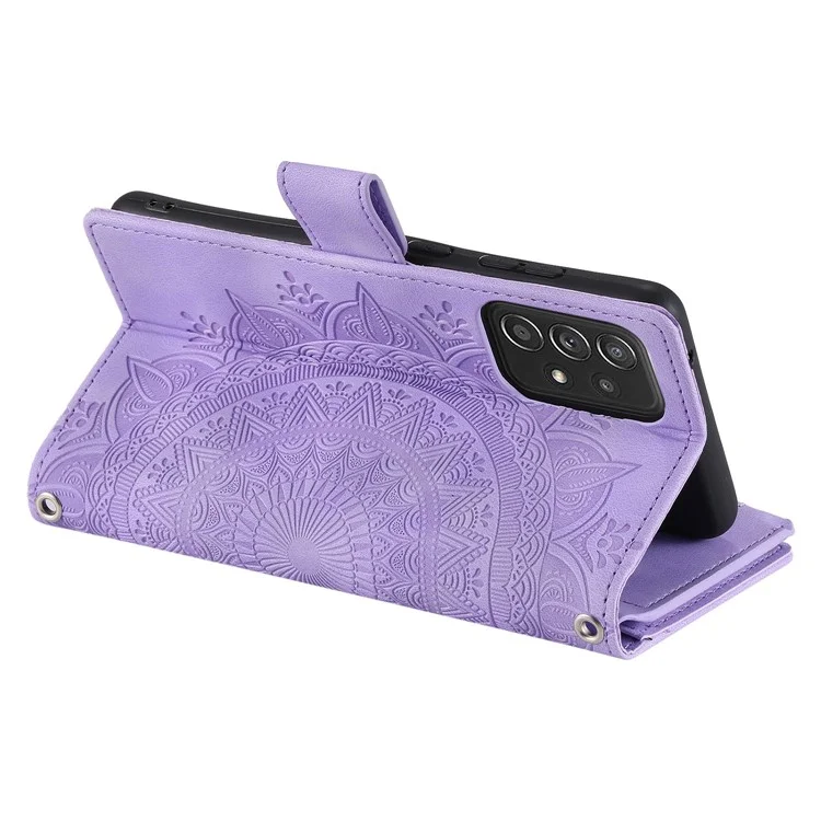 Zipper Pocket Wallet Case para Samsung Galaxy A33 5G, Capa de Couro PU Estampada com Flor Mandala à Prova de Choque, com Vários Compartimentos para Cartões - Roxo