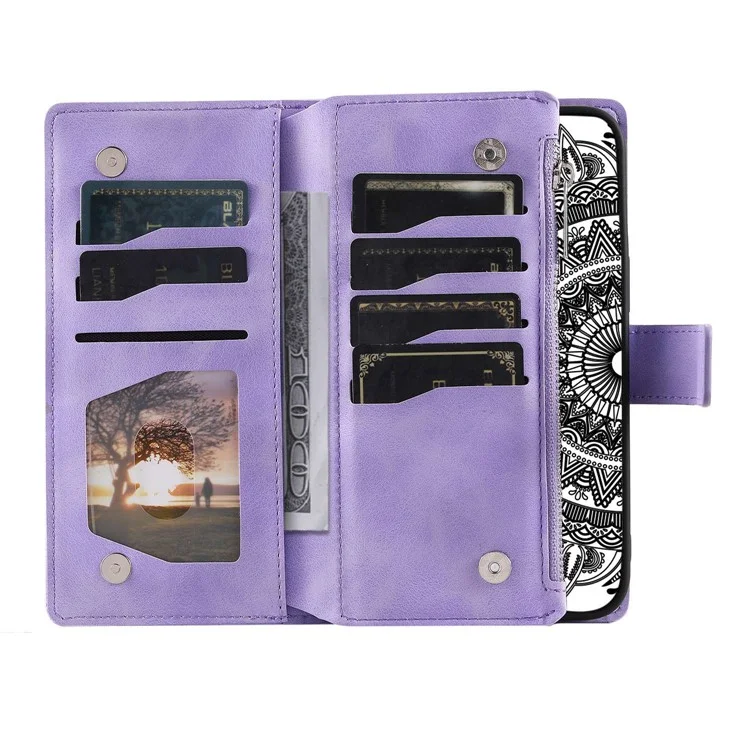 Zipper Pocket Wallet Case para Samsung Galaxy A33 5G, Capa de Couro PU Estampada com Flor Mandala à Prova de Choque, com Vários Compartimentos para Cartões - Roxo