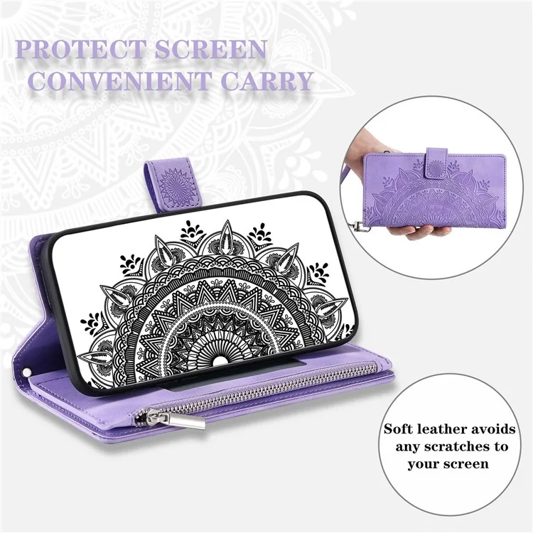 Zipper Pocket Wallet Case para Samsung Galaxy A33 5G, Capa de Couro PU Estampada com Flor Mandala à Prova de Choque, com Vários Compartimentos para Cartões - Roxo