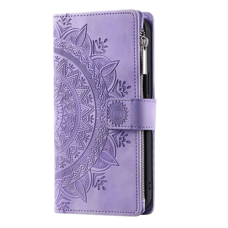 Zipper Pocket Wallet Case para Samsung Galaxy A33 5G, Capa de Couro PU Estampada com Flor Mandala à Prova de Choque, com Vários Compartimentos para Cartões - Roxo