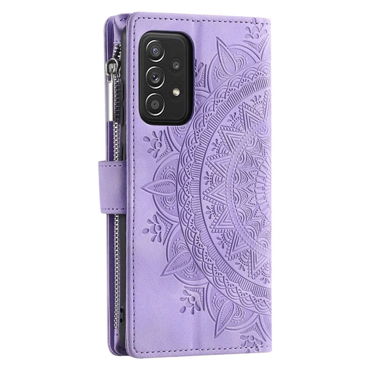 Zipper Pocket Wallet Case para Samsung Galaxy A33 5G, Capa de Couro PU Estampada com Flor Mandala à Prova de Choque, com Vários Compartimentos para Cartões - Roxo