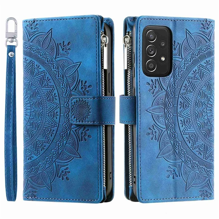 Custodia con Cerniera per Wallet per Samsung Galaxy A53 5G, Custodia in Pelle PU con Motivo a Fiore Mandala in Stile Libro con più Alloggi per Schede - Blu