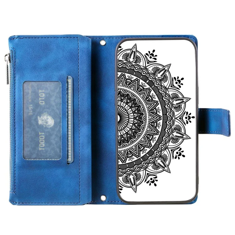 Custodia con Cerniera per Wallet per Samsung Galaxy A53 5G, Custodia in Pelle PU con Motivo a Fiore Mandala in Stile Libro con più Alloggi per Schede - Blu
