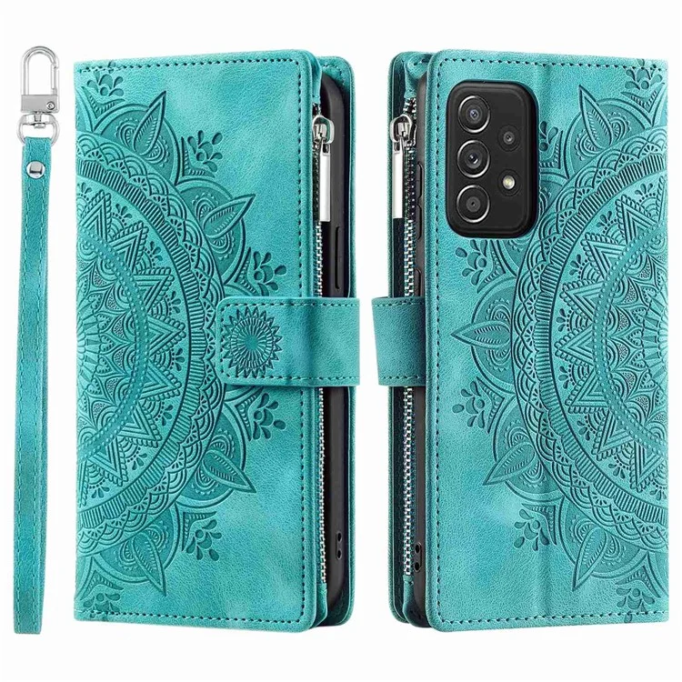 Case de Billetera de Bolsillo Con Cremallera Para Samsung Galaxy A52 4G / 5G / A52s 5G, Cubierta de Cuero PU de Mandala a Prueba de Colisión Con Múltiples Ranuras Para Tarjetas - Verde