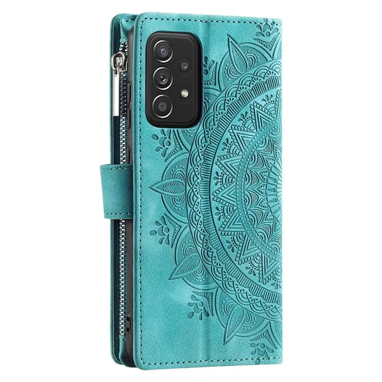 Case de Billetera de Bolsillo Con Cremallera Para Samsung Galaxy A52 4G / 5G / A52s 5G, Cubierta de Cuero PU de Mandala a Prueba de Colisión Con Múltiples Ranuras Para Tarjetas - Verde