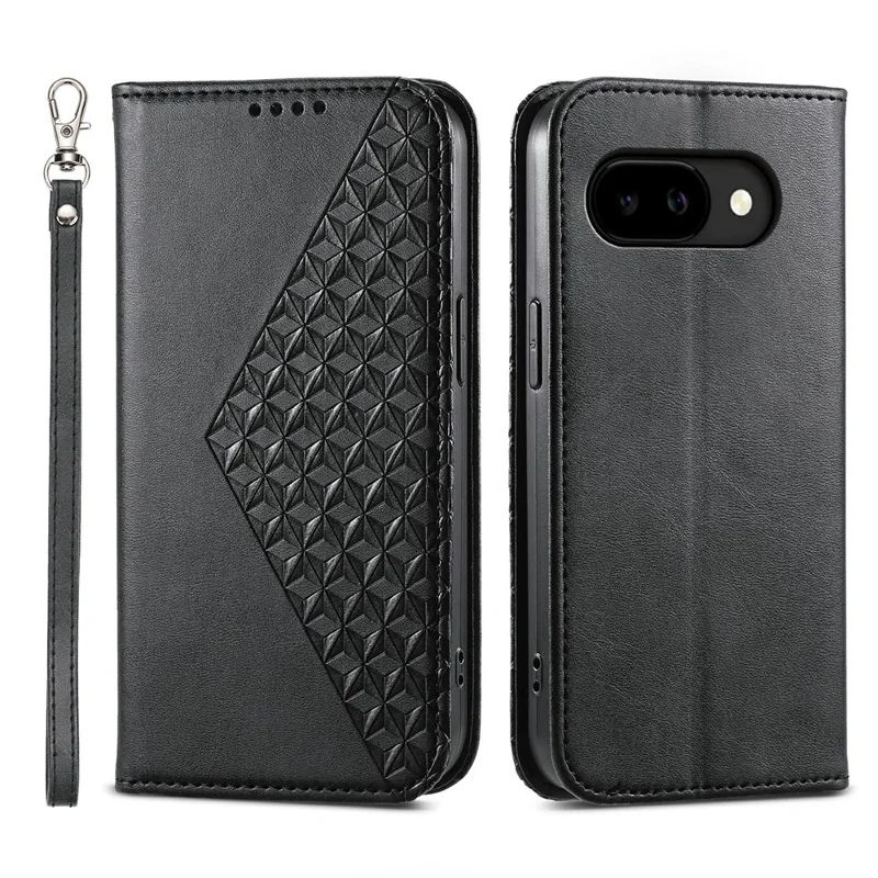 For Google Pixel 10a Case Calf Texture PU Leather Wallet Phone Cover with Wrist Strap - Black