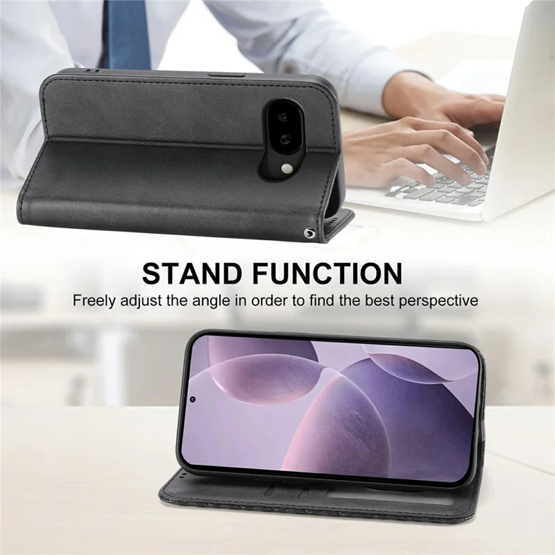 For Google Pixel 10a Case Calf Texture PU Leather Wallet Phone Cover with Wrist Strap - Black