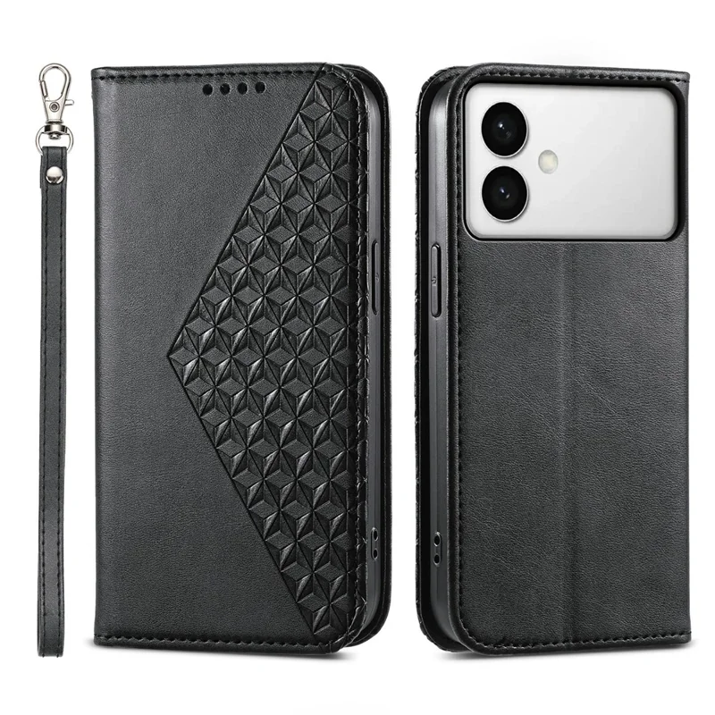 Til Samsung Galaxy S26 Edge Case Kalvlæderstruktur PU-læder Wallet telefonbeskytning med håndledsrem - Sort