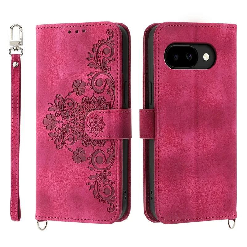 For Google Pixel 10a Case Flower Pattern PU Leather Wallet Phone Cover with Strap - Wine Red