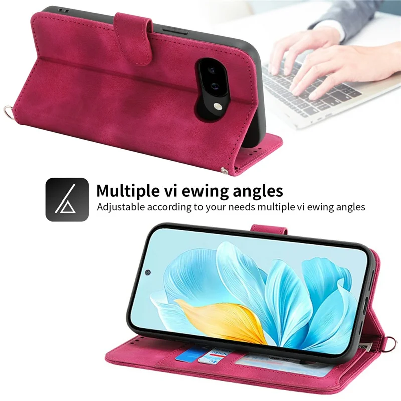 For Google Pixel 10a Case Flower Pattern PU Leather Wallet Phone Cover with Strap - Wine Red