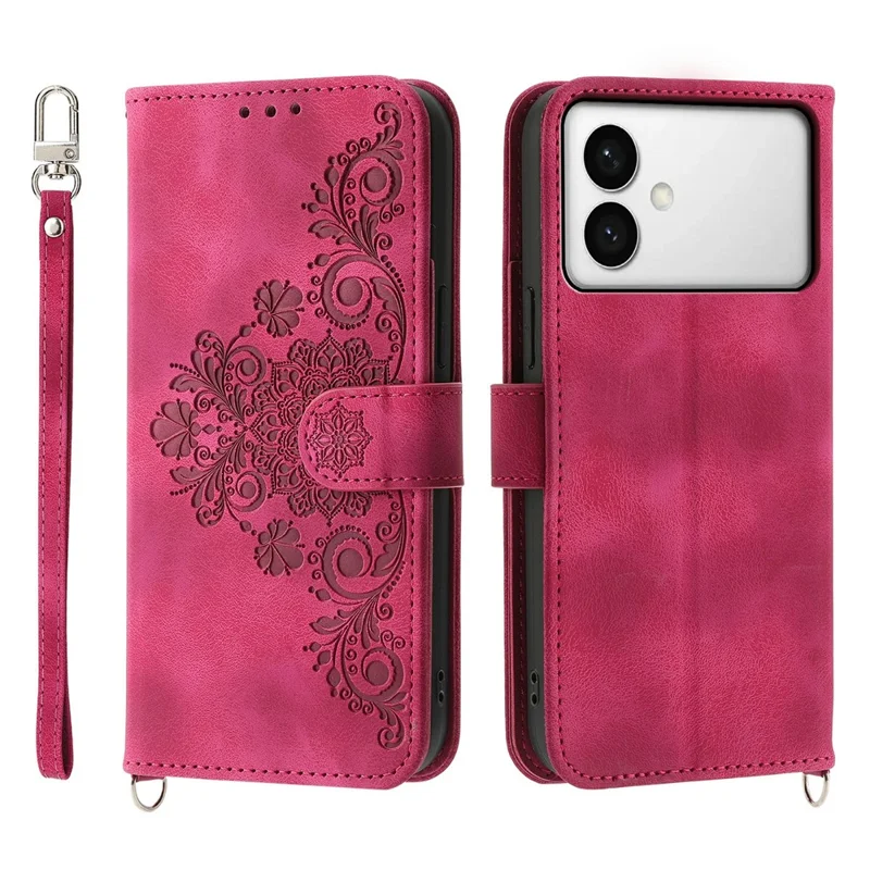 Handyhülle für Samsung Galaxy S26 Edge mit Blumenmuster, PU-Leder Brieftaschen-Case mit Schultergurt – Weinrot