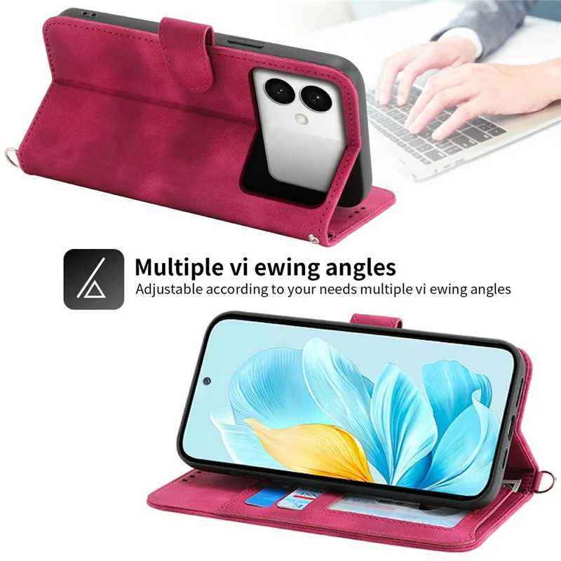 Handyhülle für Samsung Galaxy S26 Edge mit Blumenmuster, PU-Leder Brieftaschen-Case mit Schultergurt – Weinrot