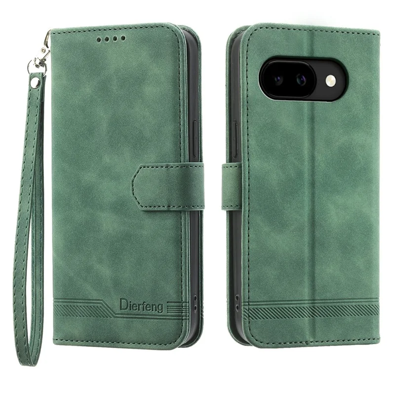 DIERFENG DF-03 For Google Pixel 10a Case Lines Imprint Wallet Leather Phone Cover with Wrist Strap - Green