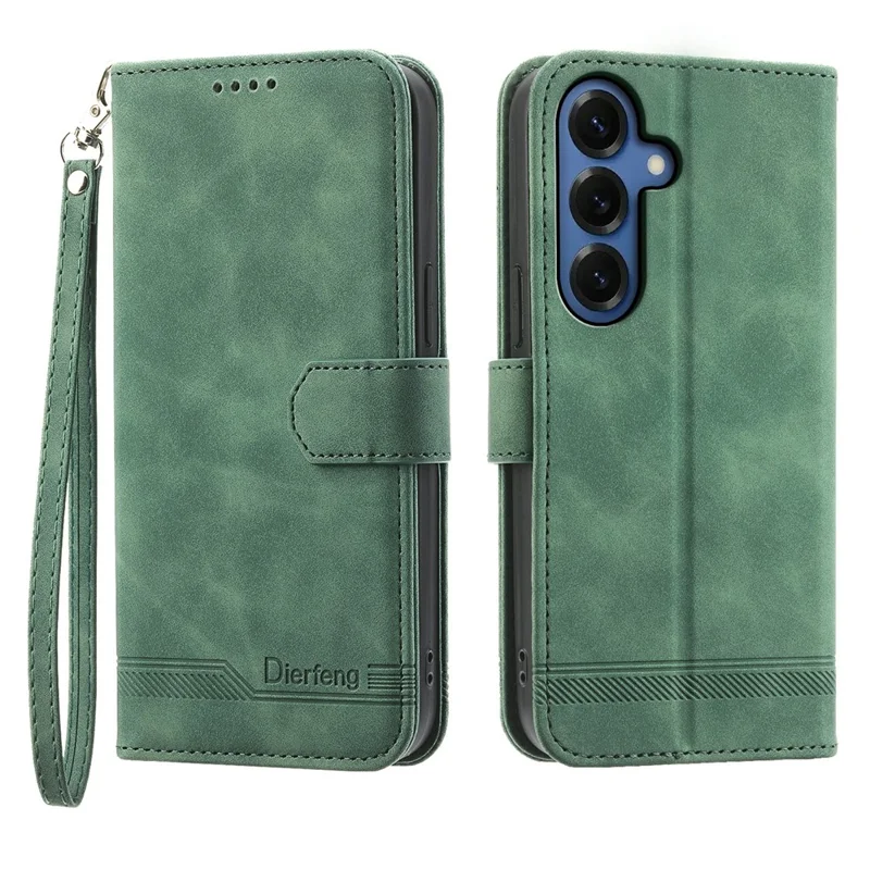 DIERFENG DF-03 For Samsung Galaxy S26+ Case Lines Imprint Wallet Leather Phone Cover with Wrist Strap - Green