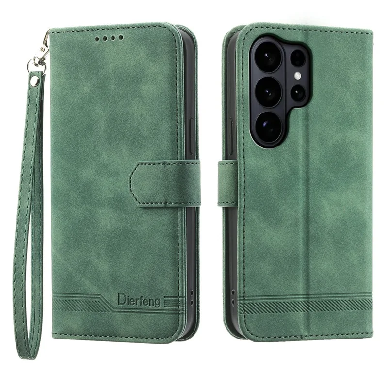 DIERFENG DF-03 For Samsung Galaxy S26 Ultra Case Lines Imprint Wallet Leather Phone Cover with Wrist Strap - Green