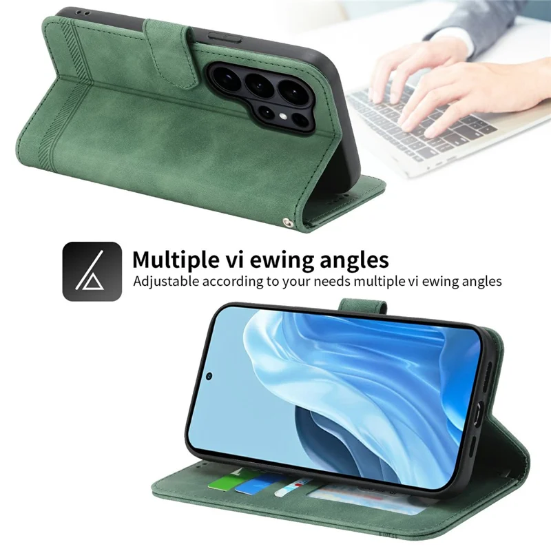 DIERFENG DF-03 For Samsung Galaxy S26 Ultra Case Lines Imprint Wallet Leather Phone Cover with Wrist Strap - Green